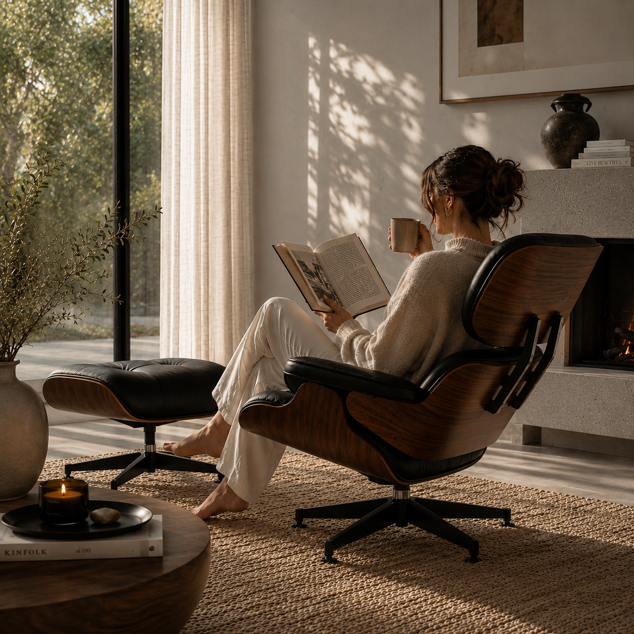 Fauteuil Signature Édition Noyer & Cuir + Ottoman