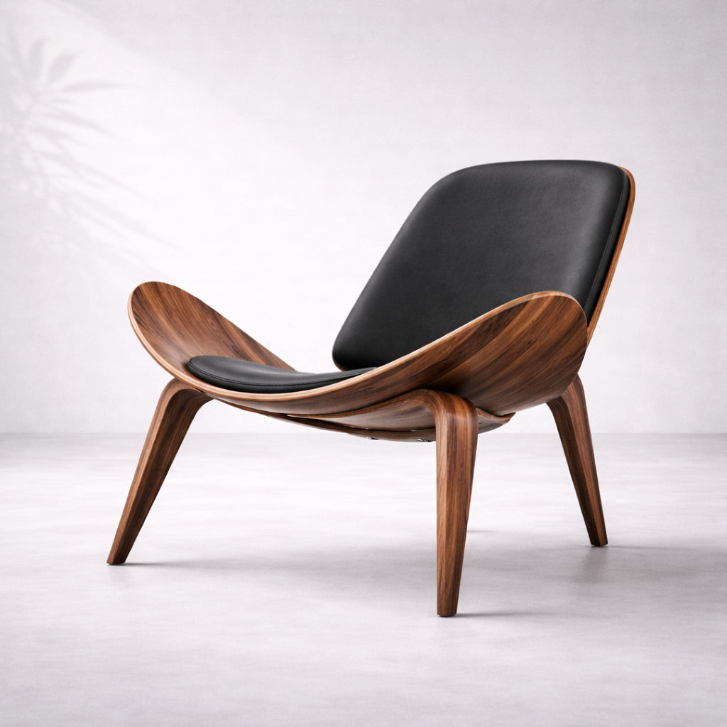 Fauteuil lounge Shell design mid-century bois noyer — Édition Icône Navula