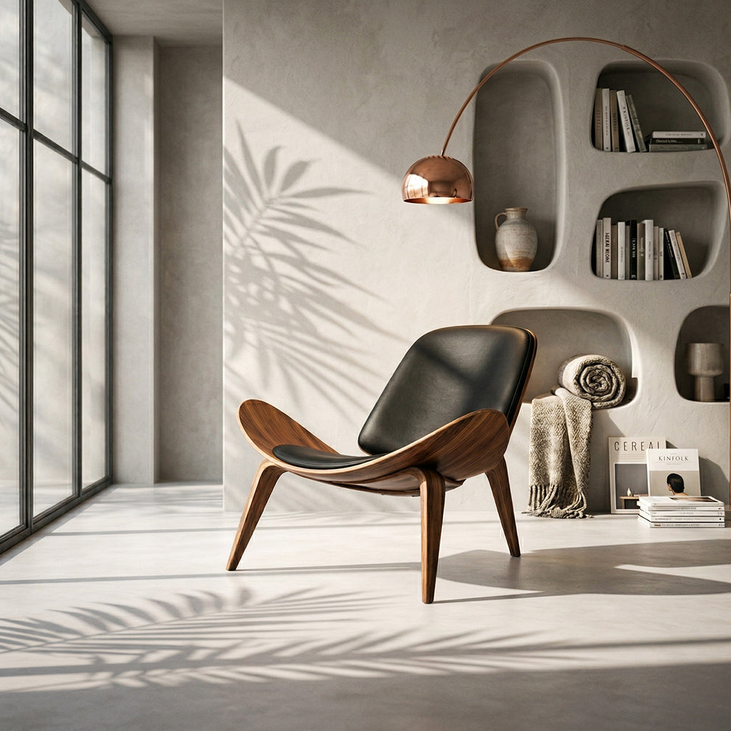 Détail coque bois courbé fauteuil Shell — mobilier design premium Navula