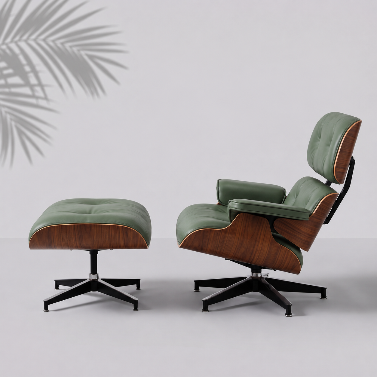 Fauteuil Lounge Noyer & Cuir Noir avec Ottoman — Navula
