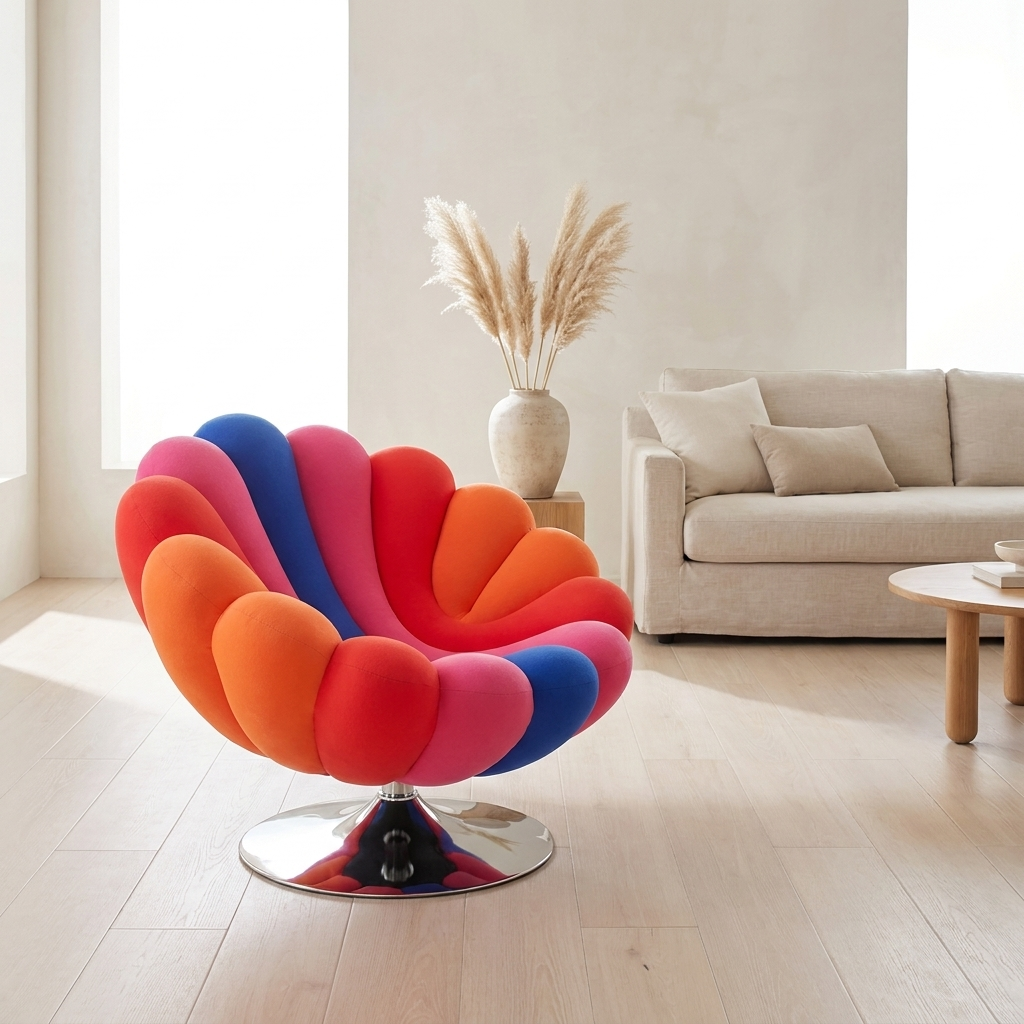 Fauteuil Pétale en situation dans un salon japandi lumineux — Navula