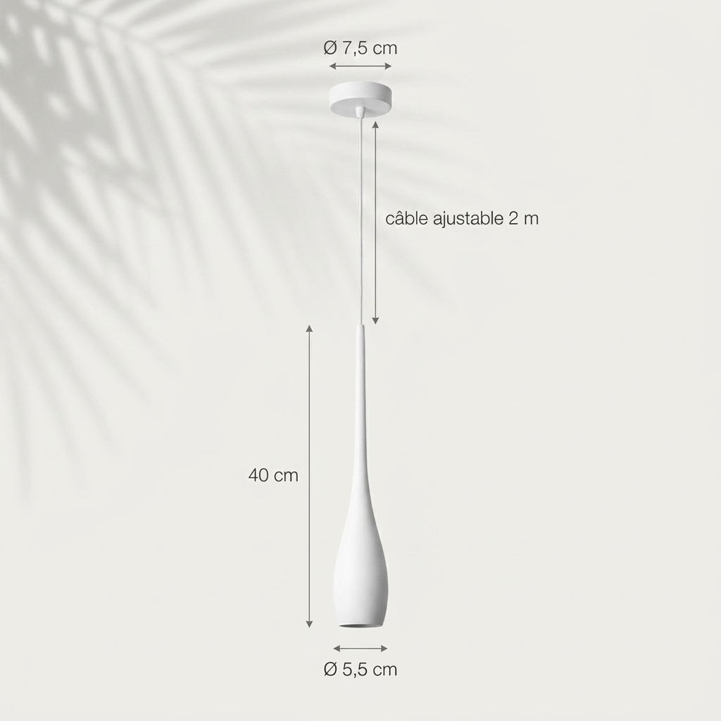 Dimensions de la Suspension Goutte : corps 40 cm, Ø 5,5 cm, pavillon Ø 7,5 cm — Navula
