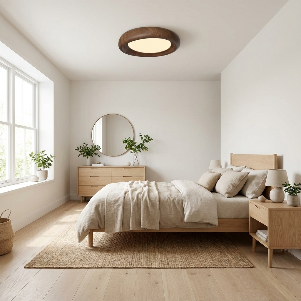 Plafonnier grain de bois à échelle réelle dans une chambre japandi — Navula