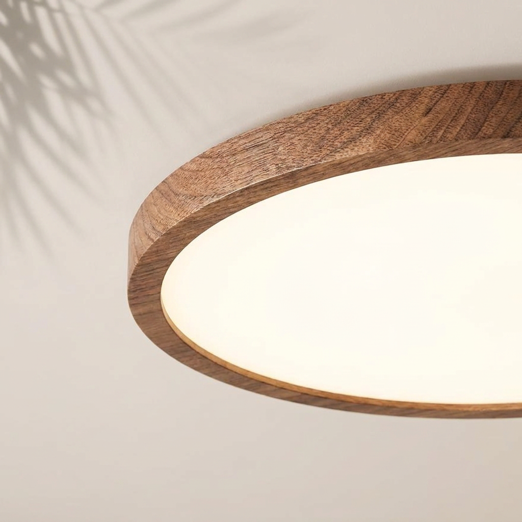 Zoom sur la finition effet noyer du plafonnier Halo — Navula