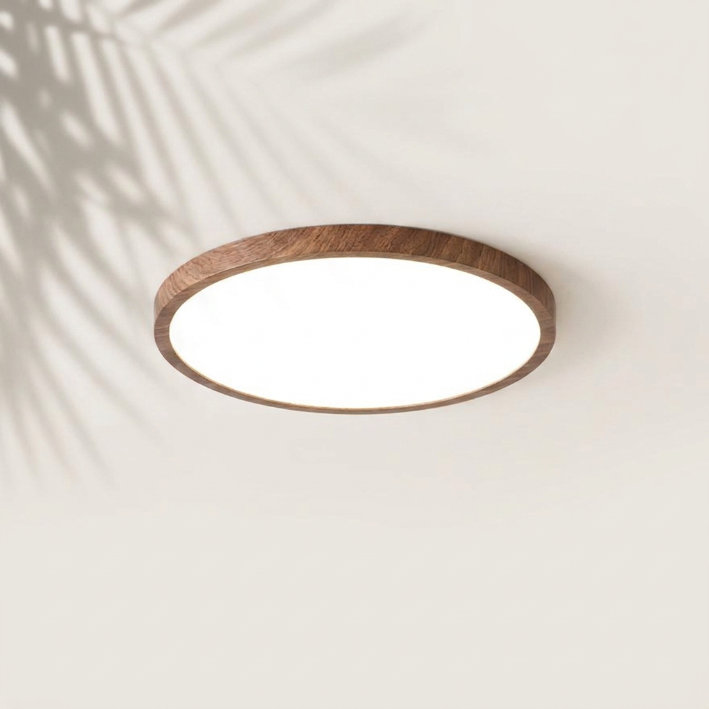 Plafonnier Halo effet noyer, LED ultra-fin japandi — Navula