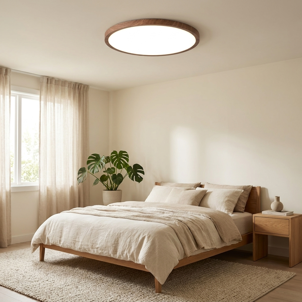 Plafonnier Halo à échelle réelle dans une chambre japandi — Navula
