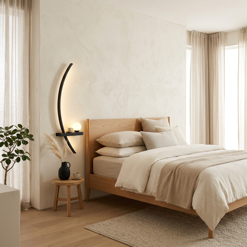 Applique murale Arc à côté d'un lit dans une chambre japandi — Navula