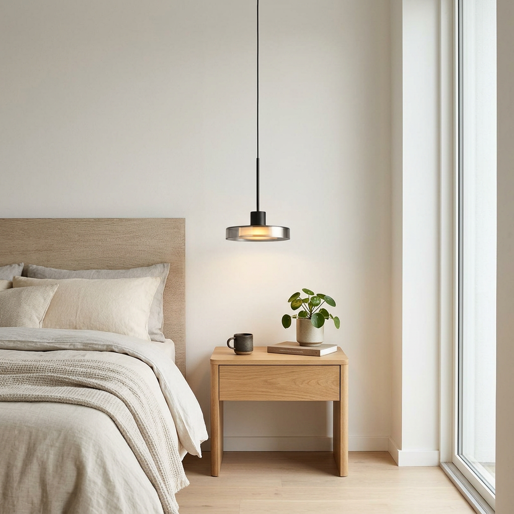 Suspension verre au-dessus d'un chevet dans une chambre japandi — Navula