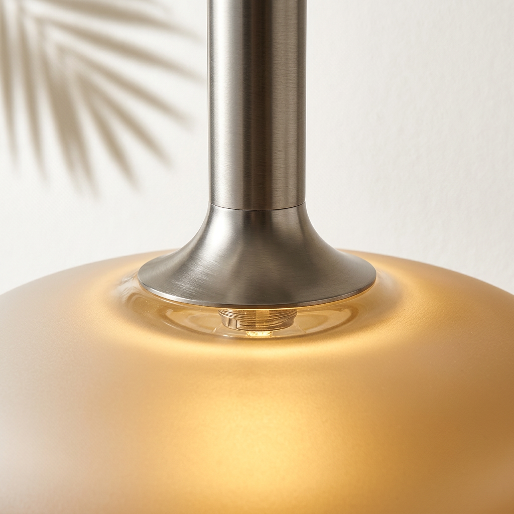 Zoom sur le verre opale et la tige métal brossé de la suspension soucoupe — Navula
