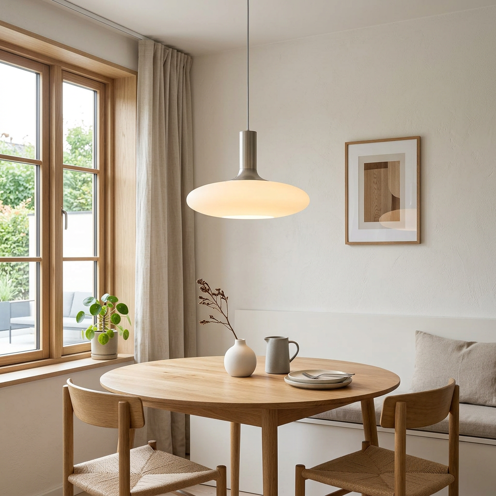 Suspension soucoupe nordique au-dessus d'une table à manger en chêne clair — Navula