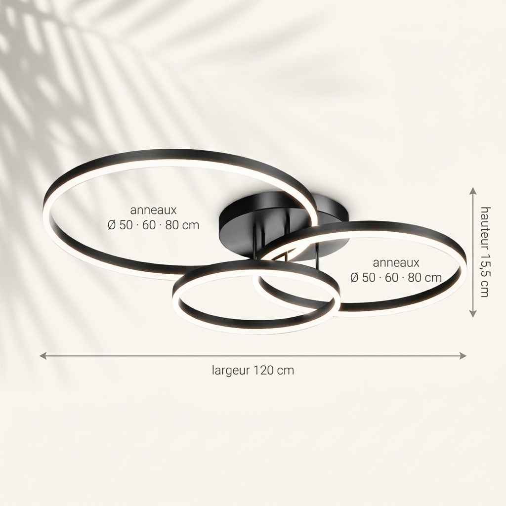 Dimensions du plafonnier : anneaux Ø 50 · 60 · 80 cm, largeur 120 cm, hauteur 15,5 cm — Navula