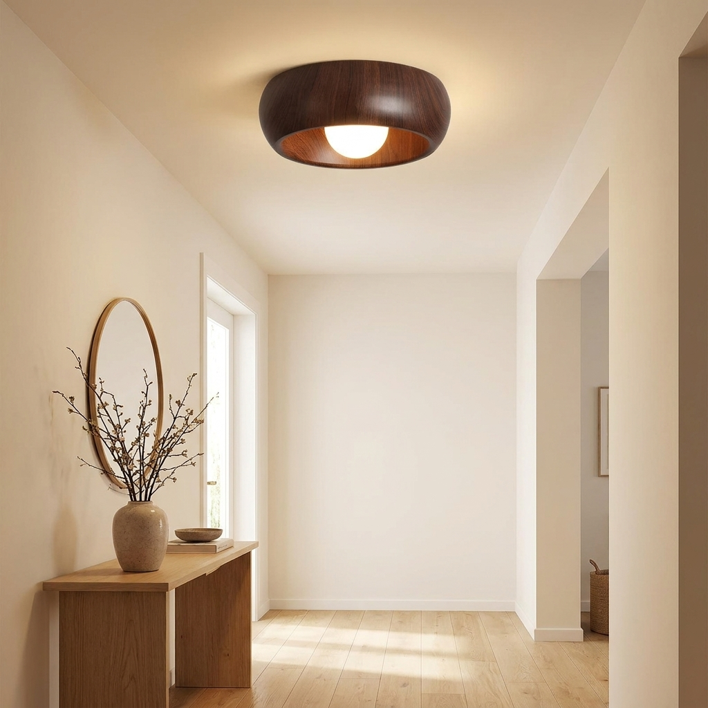 Plafonnier compact noyer installé au plafond d'une entrée japandi — Navula