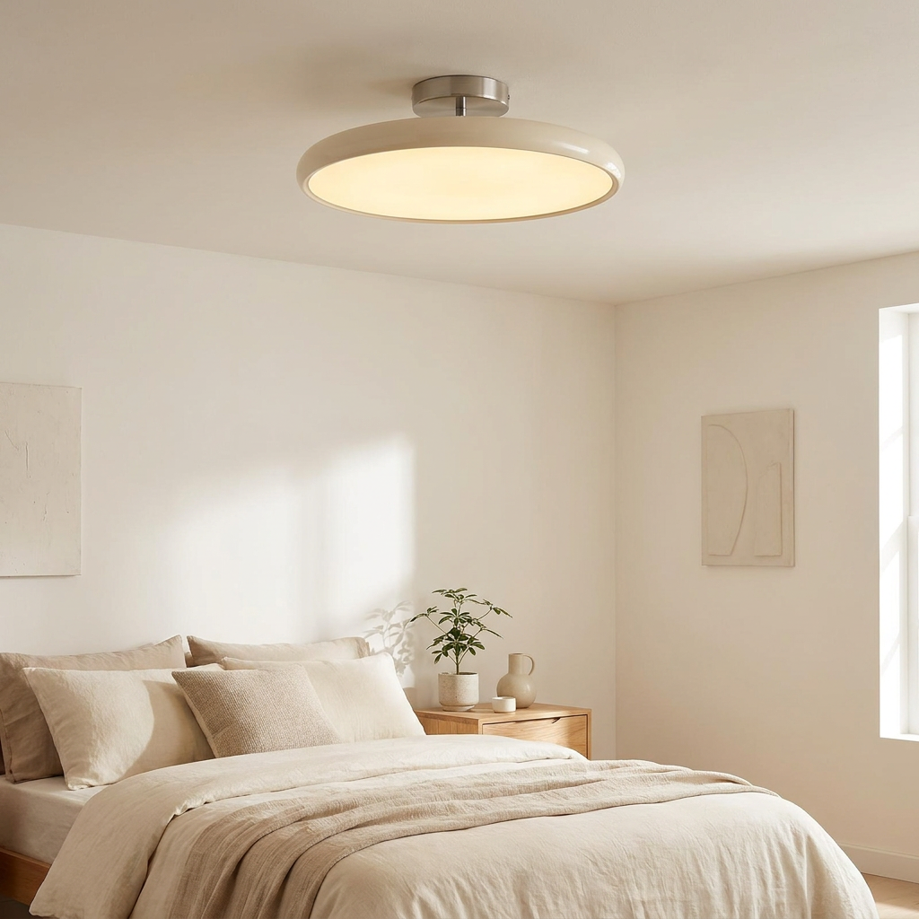Plafonnier rond crème installé au plafond d'une chambre — Navula