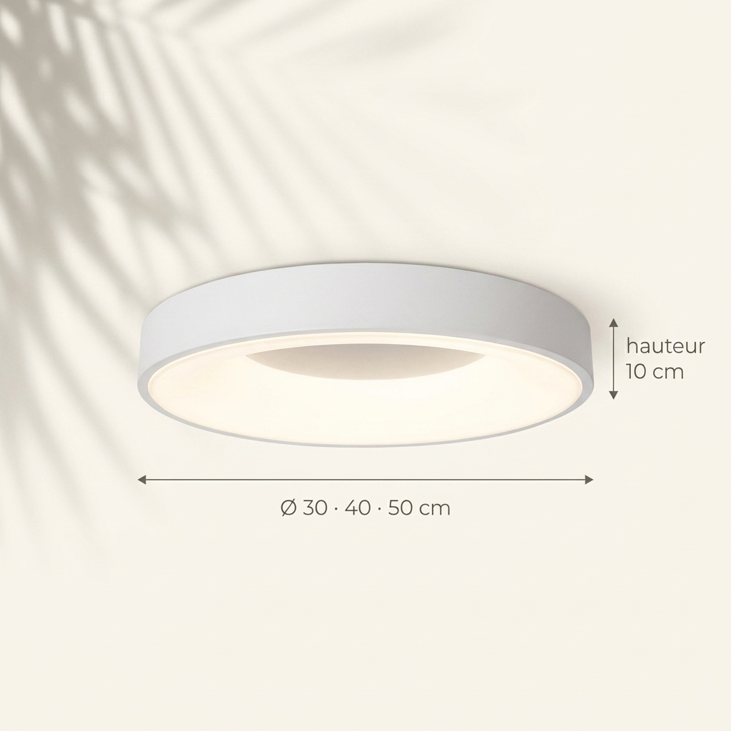 Dimensions du plafonnier rond : Ø 30 · 40 · 50 cm, hauteur 10 cm — Navula