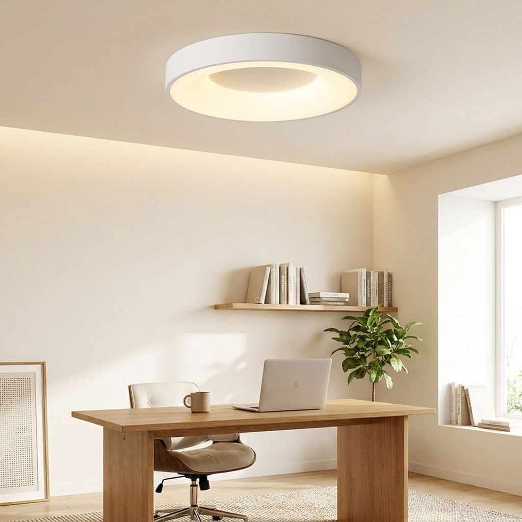 Plafonnier rond LED blanc installé au plafond d'un bureau — Navula