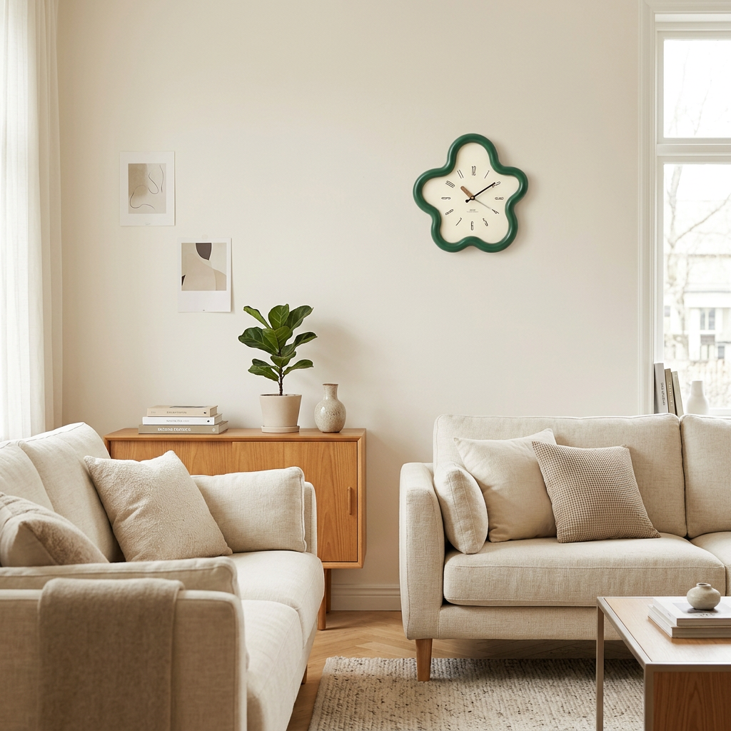 Horloge murale fleur en ambiance salon