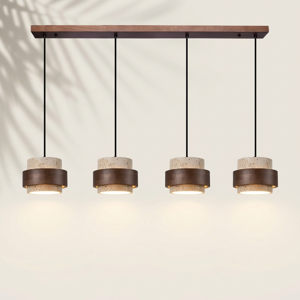 Suspension travertin bois 4 lampes