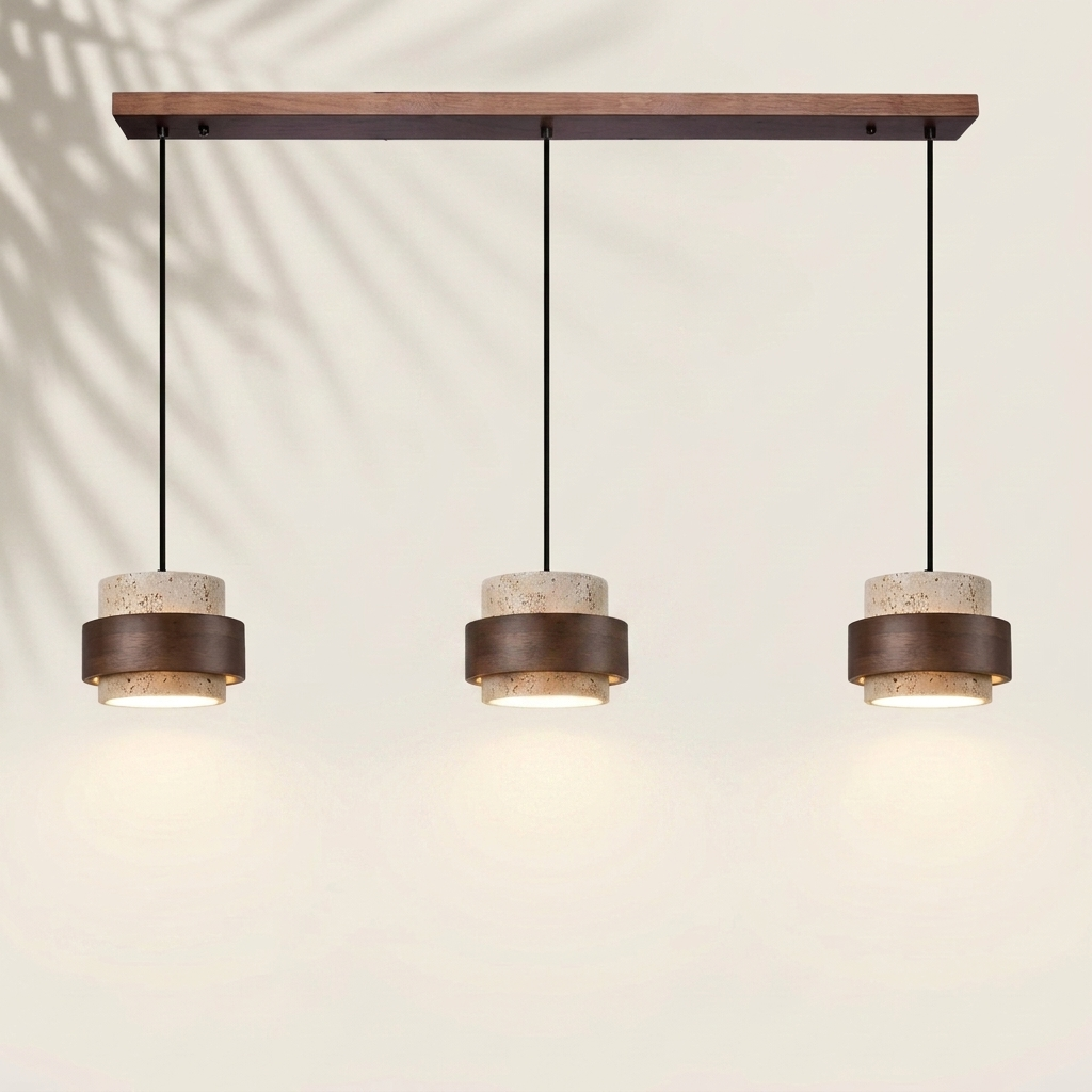 Suspension travertin bois 3 lampes