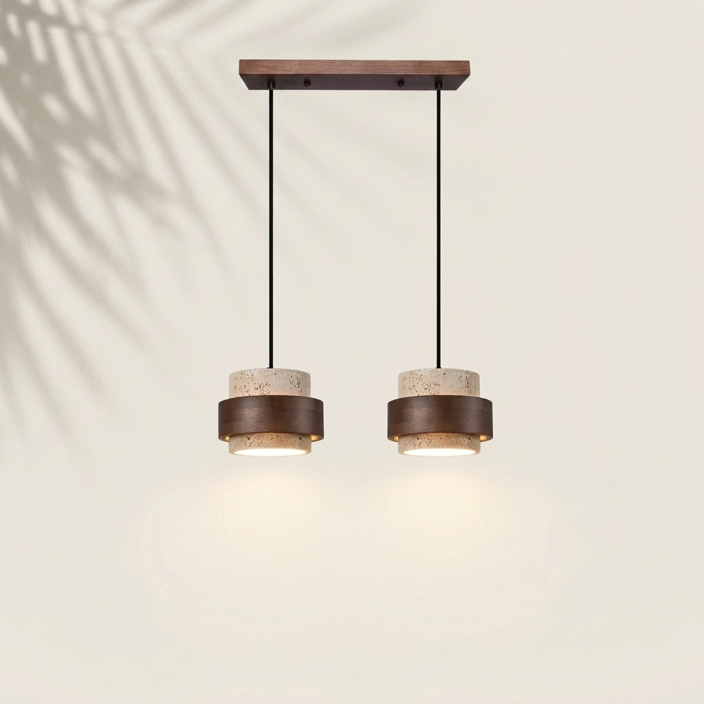 Suspension travertin bois 2 lampes
