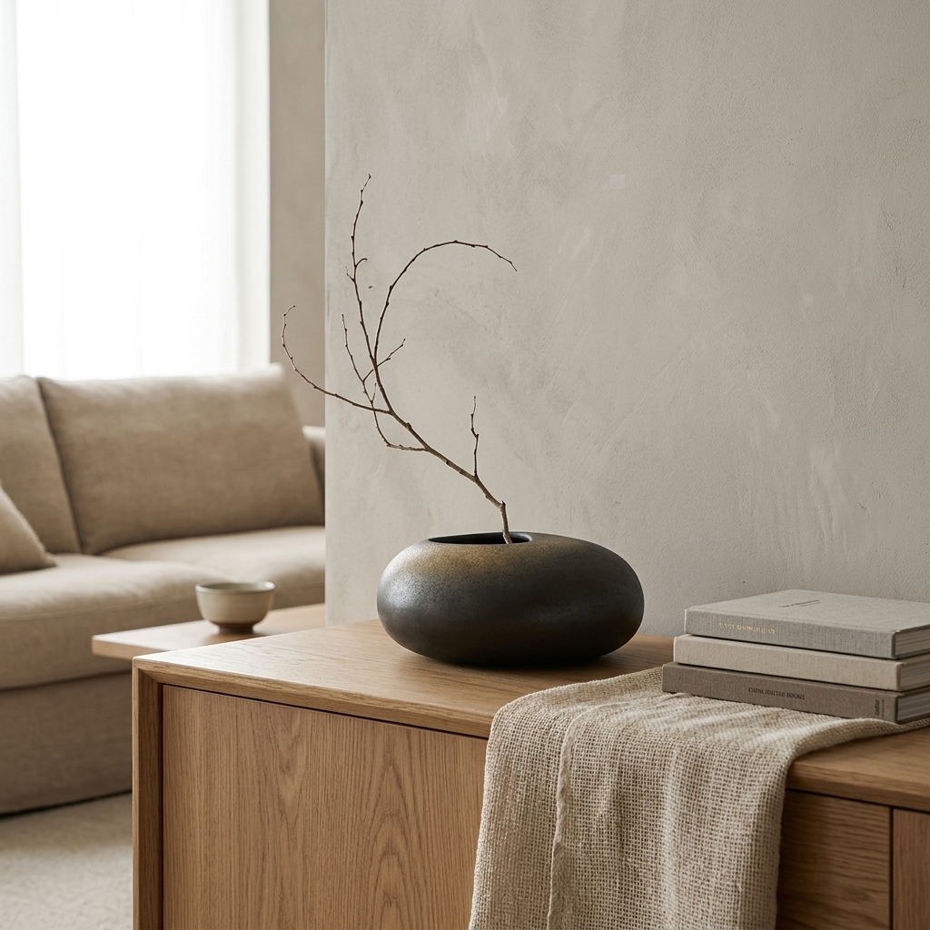Vase terracotta noir - mise en situation japandi