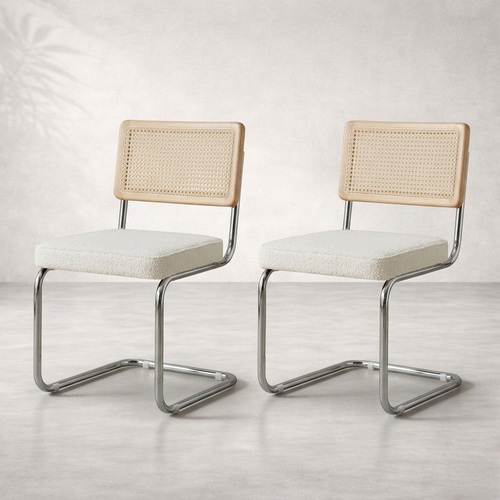 Lot de 2 chaises vintage rotin, assise blanche, piètement chromé — Navula