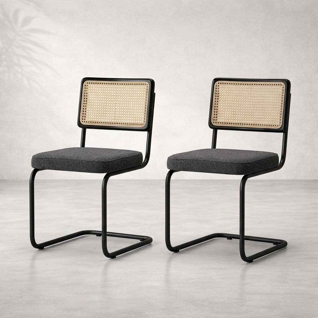 Lot de 2 chaises vintage rotin, structure noire, assise anthracite — Navula