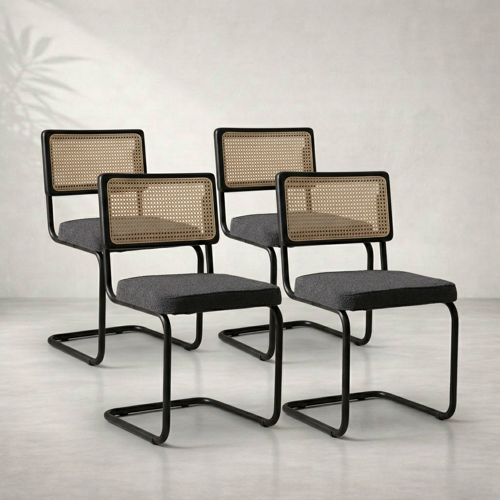 Lot de 4 chaises vintage rotin, structure noire, assise anthracite — Navula