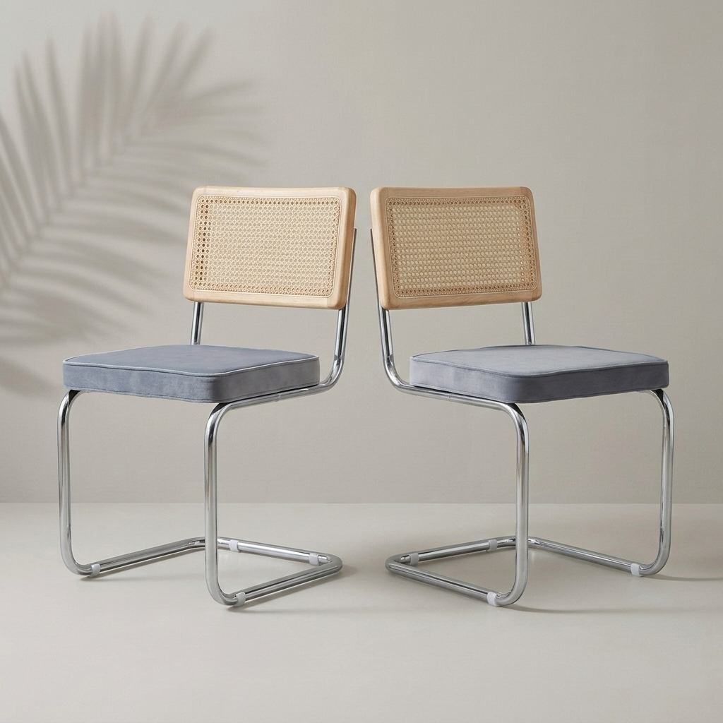 Lot de 2 chaises vintage rotin, assise velours gris, piètement chromé — Navula