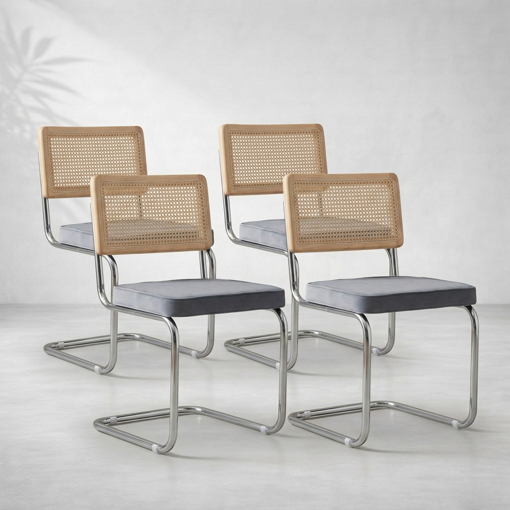Lot de 4 chaises vintage rotin, assise velours gris, piètement chromé — Navula