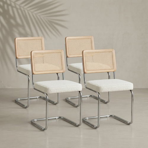 Lot de 4 chaises vintage rotin, assise blanche, piètement chromé — Navula