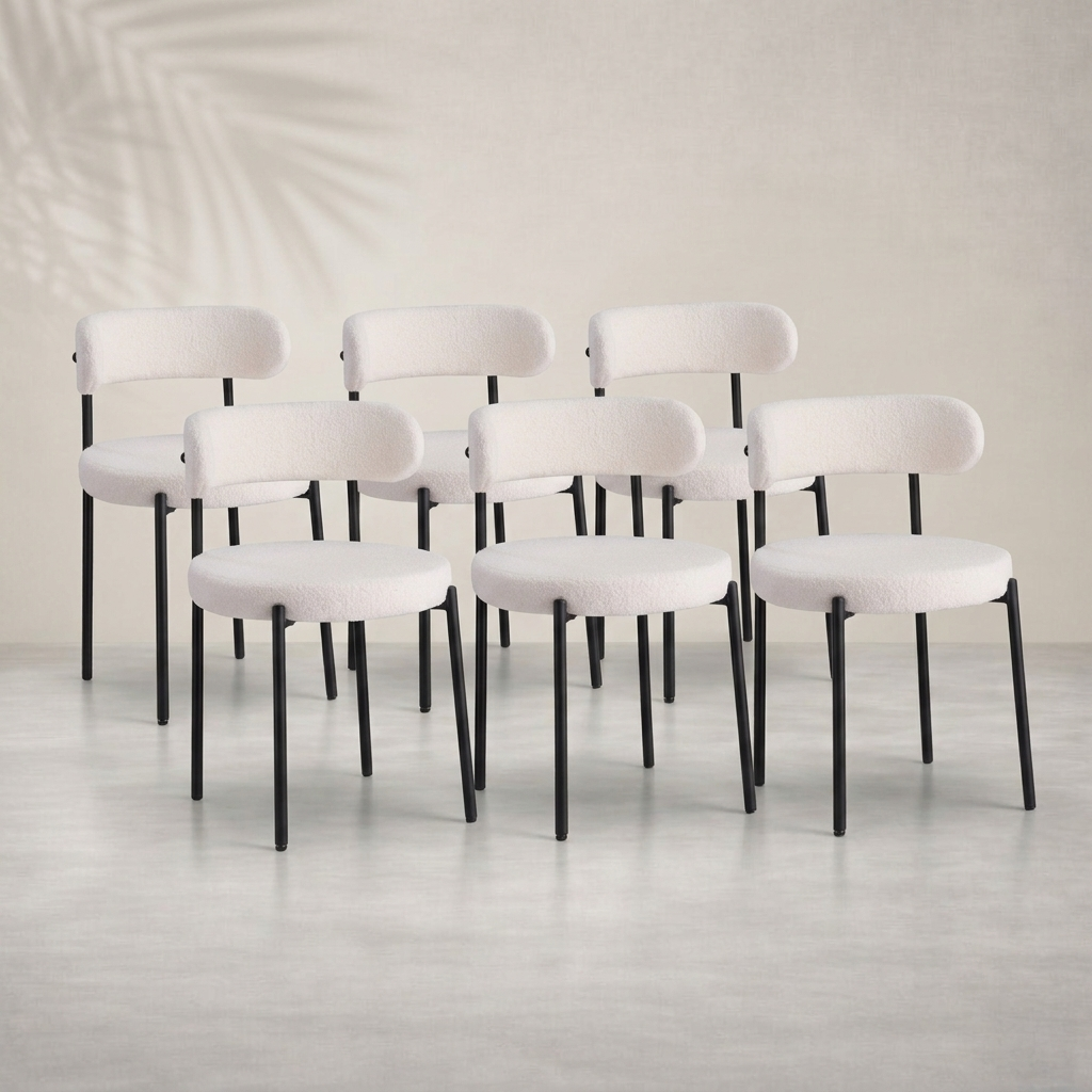 Lot de 6 chaises mid-century bouclé blanc, pieds métal noir — Navula