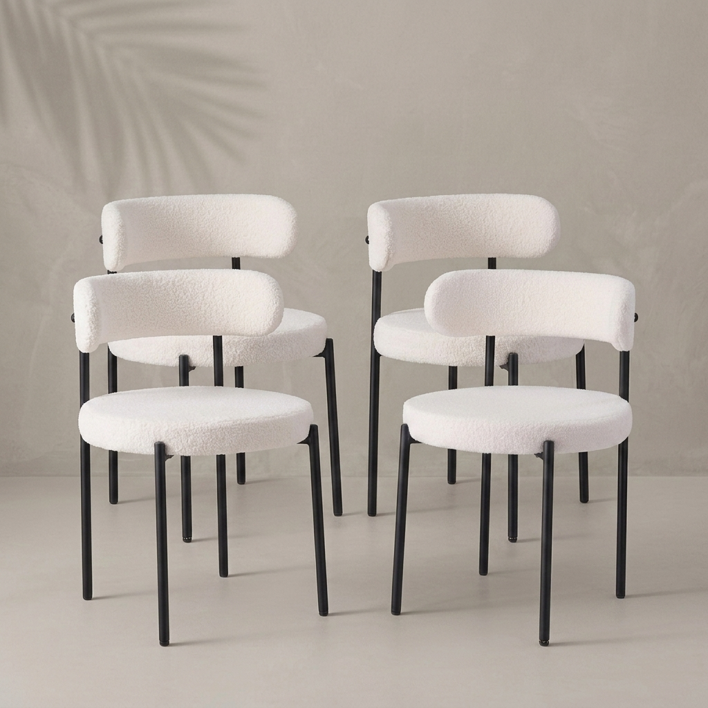 Lot de 4 chaises mid-century bouclé blanc, pieds métal noir — Navula