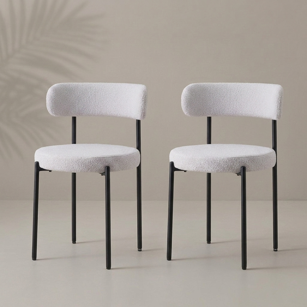 Lot de 2 chaises mid-century bouclé gris clair, pieds métal noir — Navula