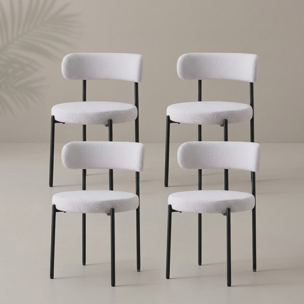 Lot de 4 chaises mid-century bouclé gris clair, pieds métal noir — Navula