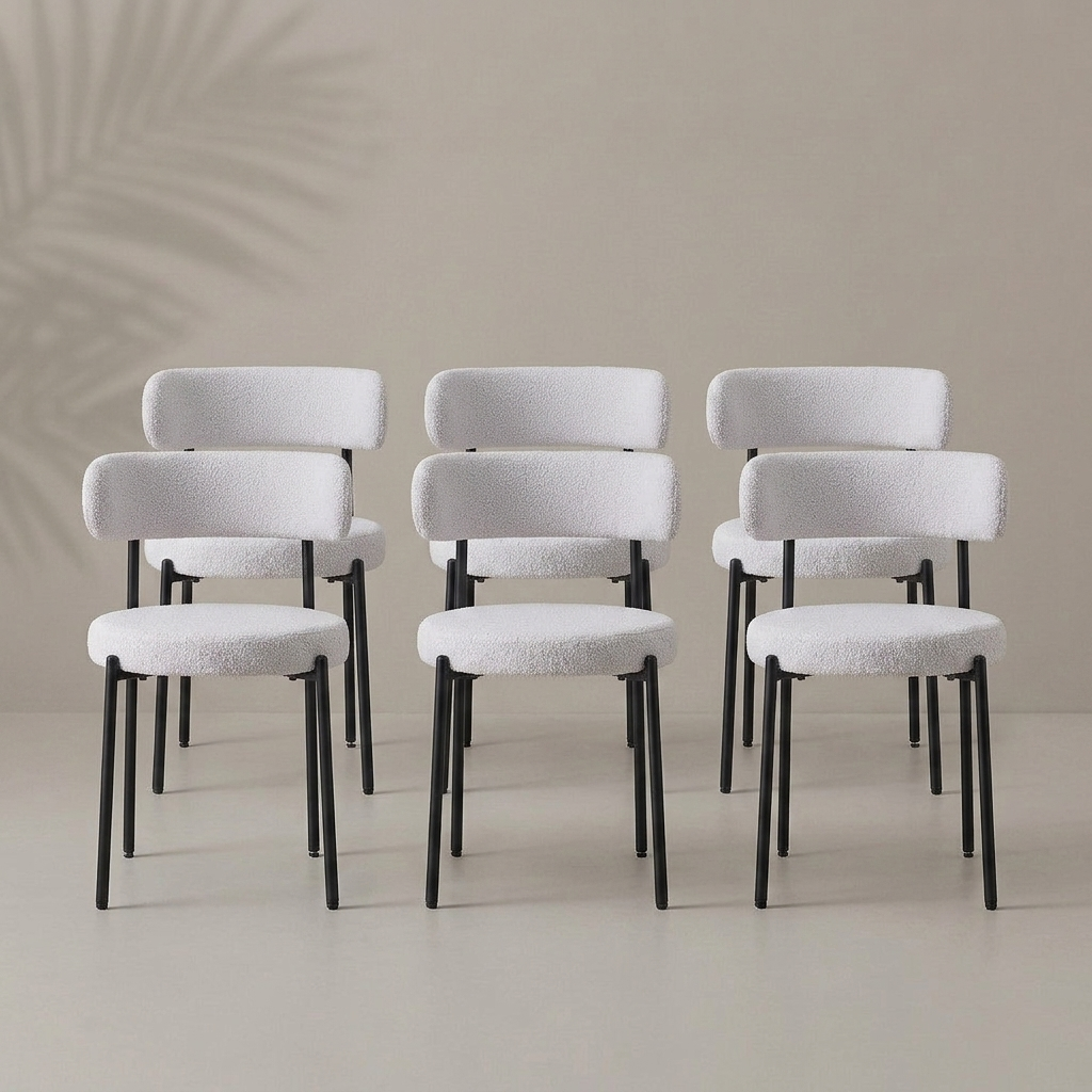 Lot de 6 chaises mid-century bouclé gris clair, pieds métal noir — Navula