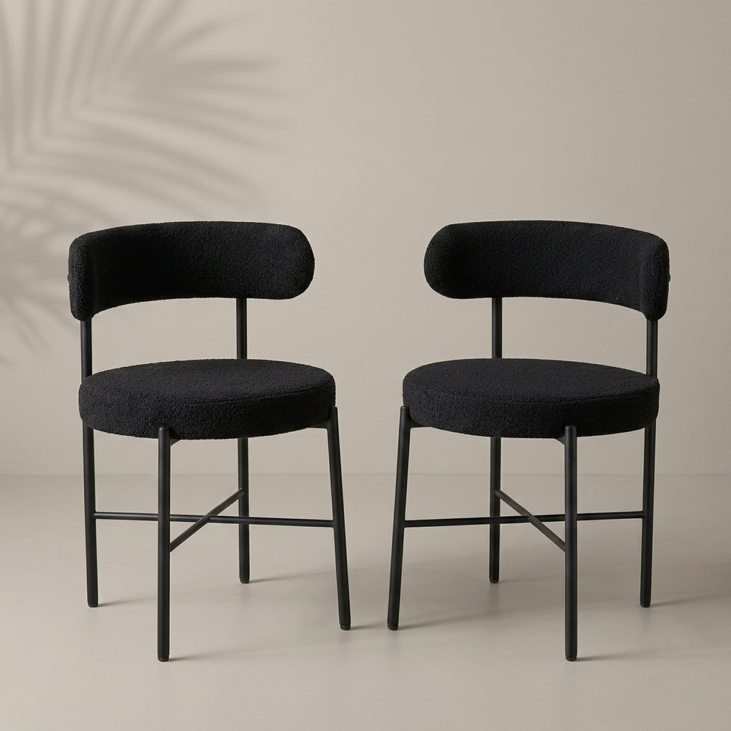 Lot de 2 chaises mid-century bouclé noir, pieds métal noir — Navula