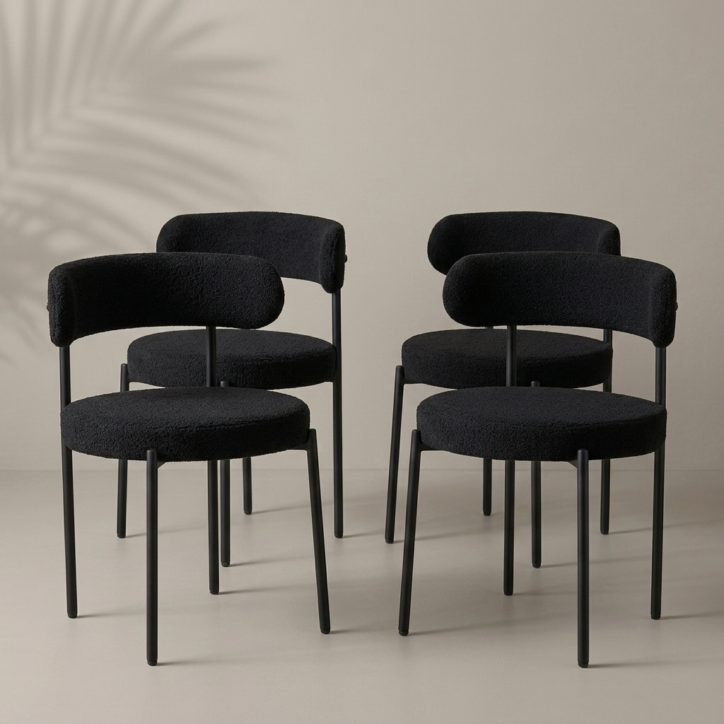 Lot de 4 chaises mid-century bouclé noir, pieds métal noir — Navula
