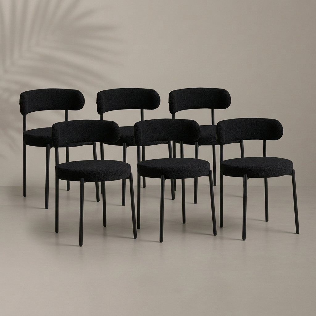 Lot de 6 chaises mid-century bouclé noir, pieds métal noir — Navula