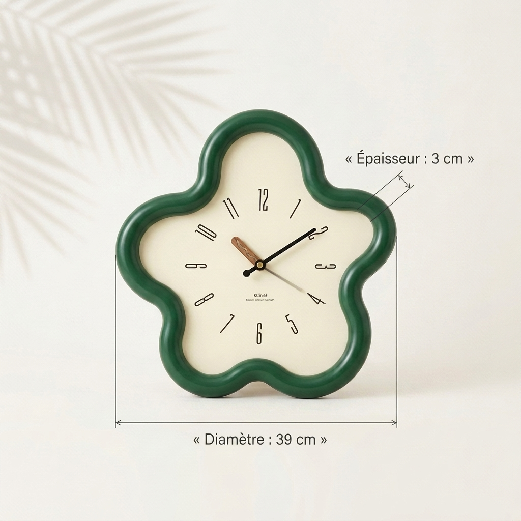 Dimensions horloge murale fleur : diamètre 39 cm, épaisseur 3 cm — Navula