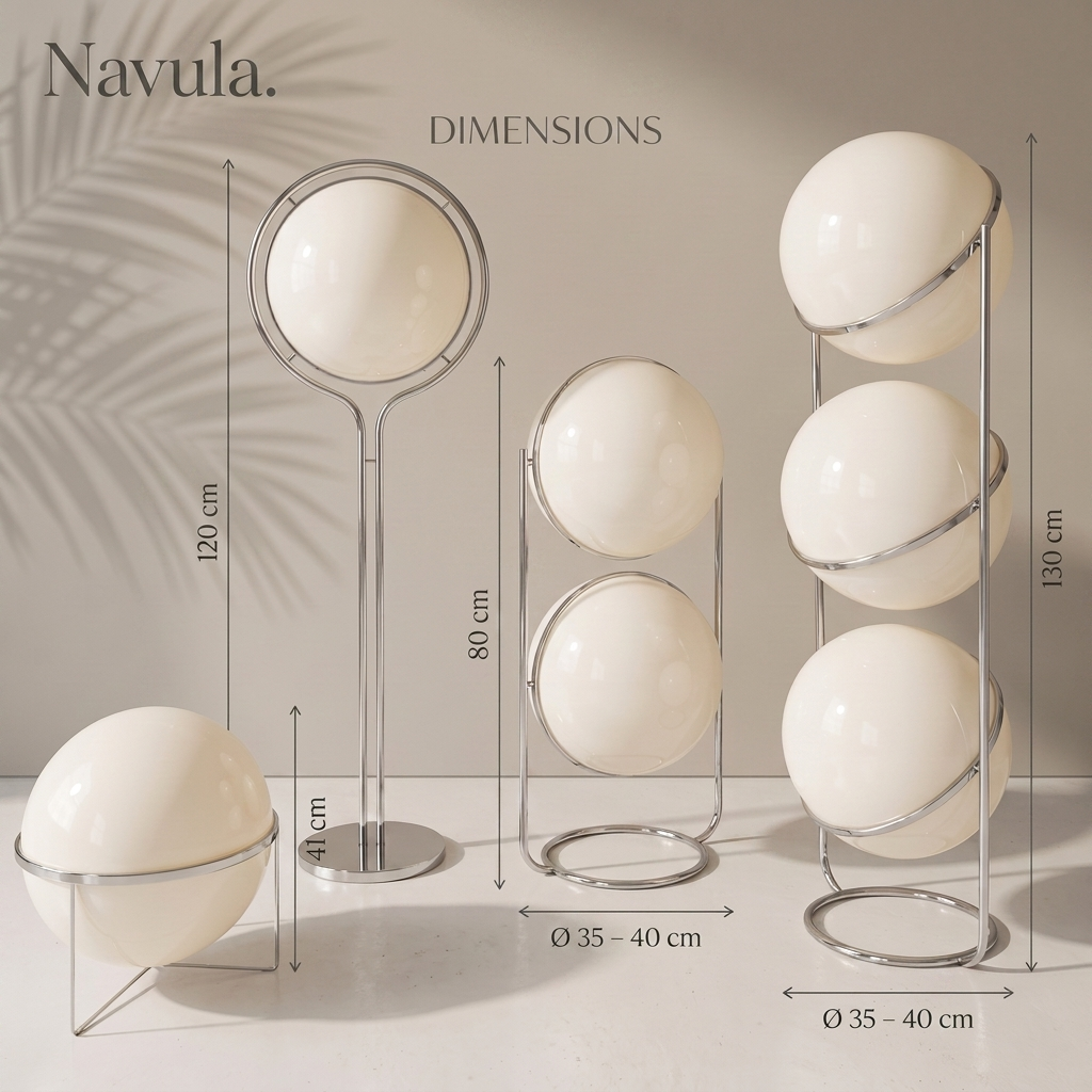 Dimensions Lampadaire Globes Chromé — hauteurs 41 à 130 cm, Ø 35-40 cm — Navula
