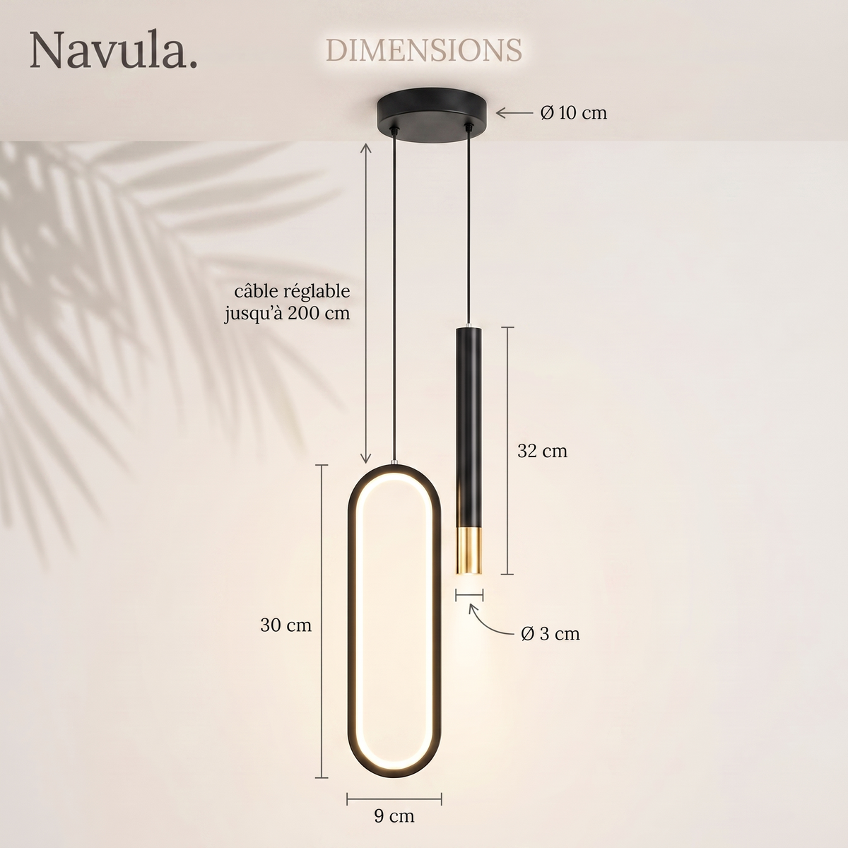 Dimensions Suspension Nordique Halo — tube 32 cm, anneau ovale 30×9 cm, câble réglable jusqu'à 200 cm — Navula