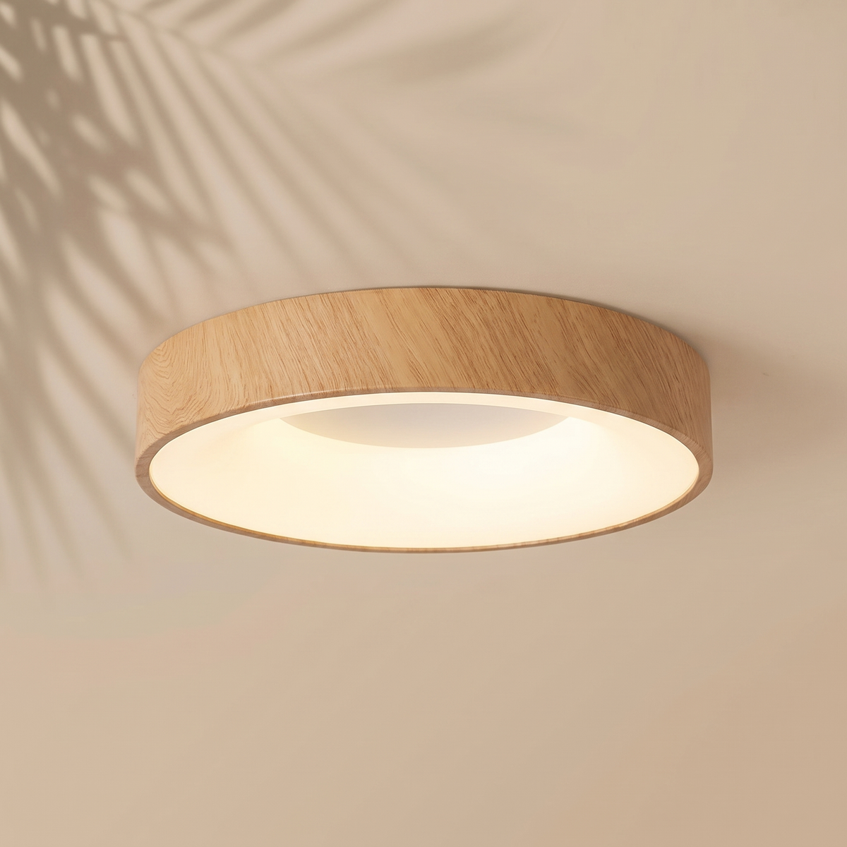 Plafonnier Rond LED corps effet bois chêne clair, tambour LED — Navula