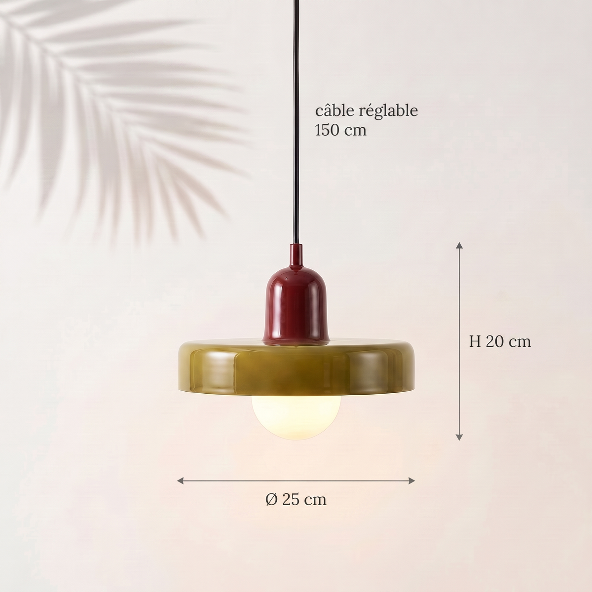 Dimensions Suspension Bauhaus — Ø 25 cm, H 20 cm, câble 150 cm — Navula