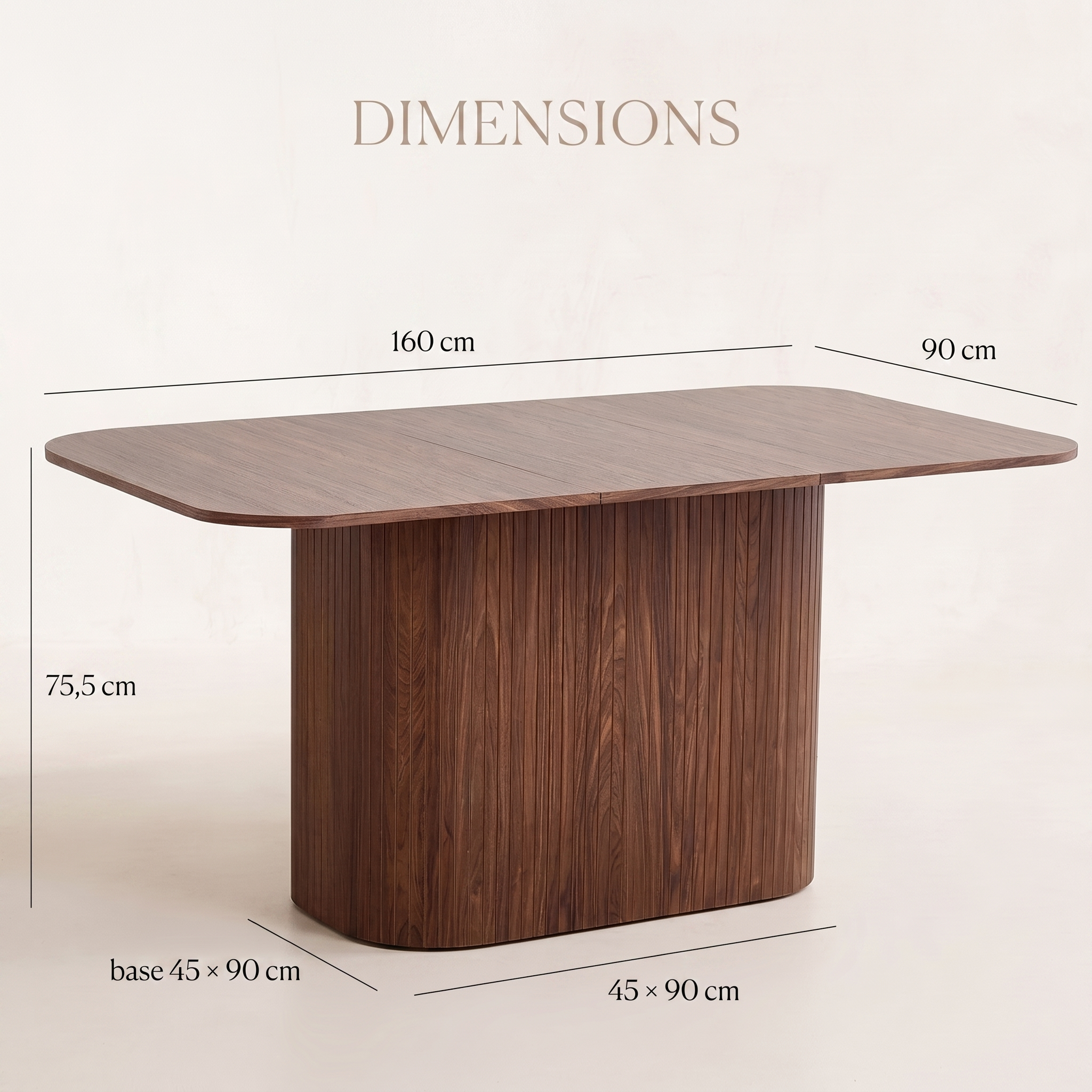 Dimensions Table Ondine — plateau 160 × 90 cm, hauteur 75,5 cm, base 45 × 90 cm