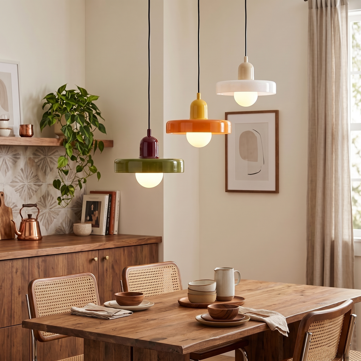 Suspensions verre teinté en enfilade (Bordeaux & Vert thé, Jaune & Orange, Beige & Blanc) au-dessus d'une table — mise en situation Navula
