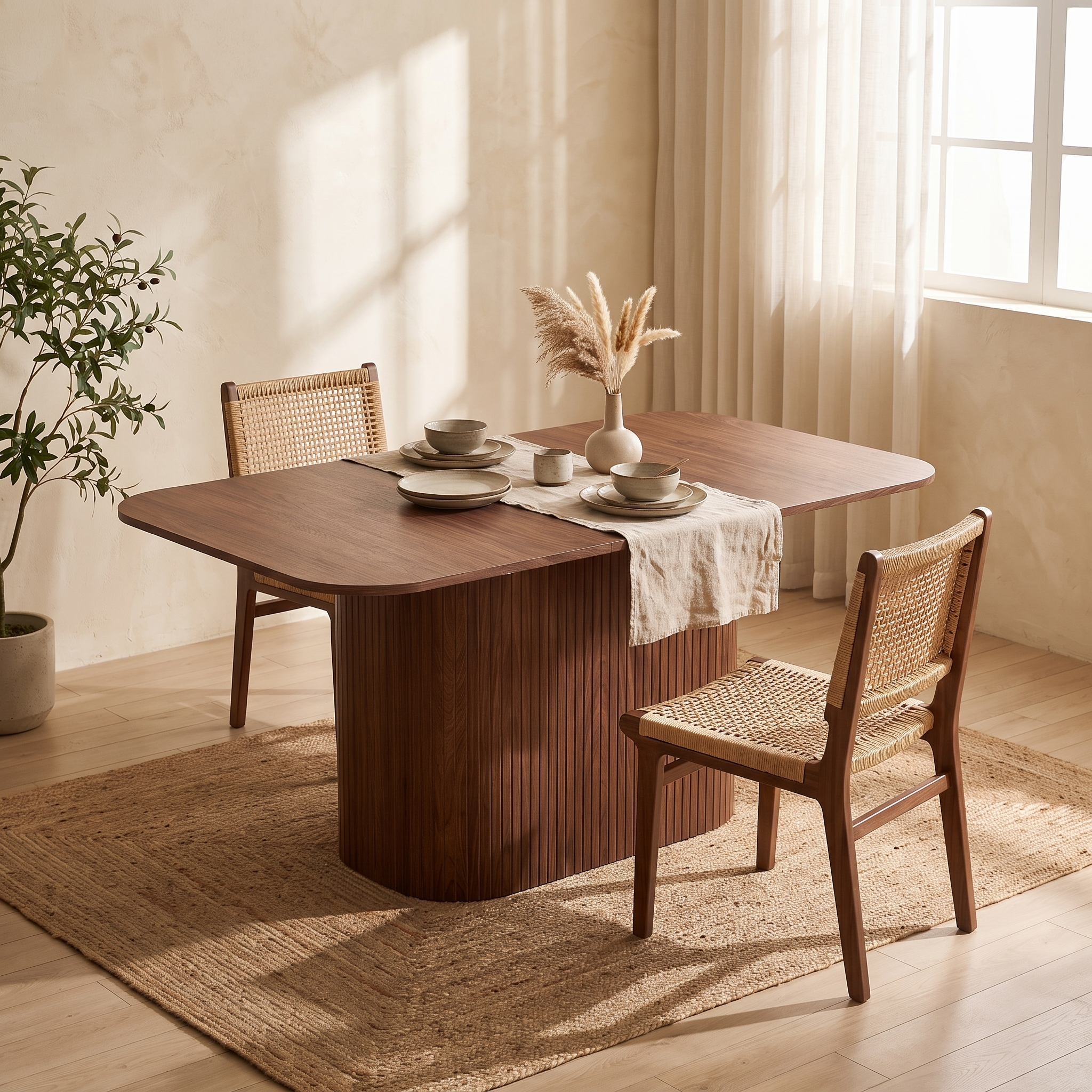 Table à manger Ondine en noyer — mise en situation salle à manger japandi