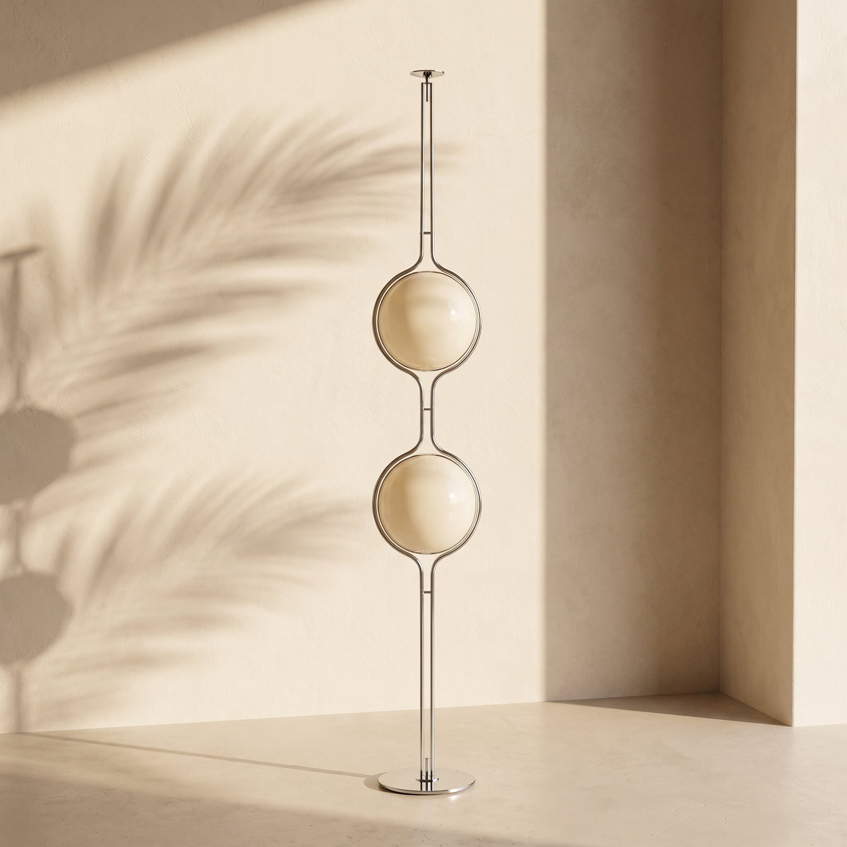 Lampadaire Globes Chromé — grand modèle 2 globes 250 cm, d'après le vrai produit, ambiance Navula