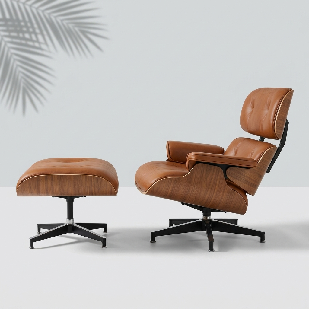 Fauteuil Lounge cuir marron caramel et noyer avec ottoman — Navula