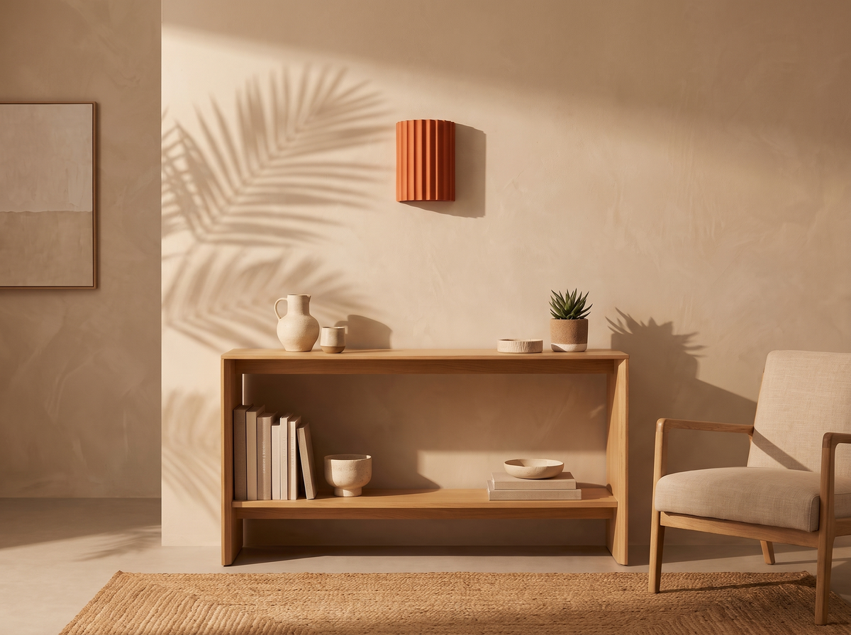 Applique murale résine terracotta en situation salon — Navula